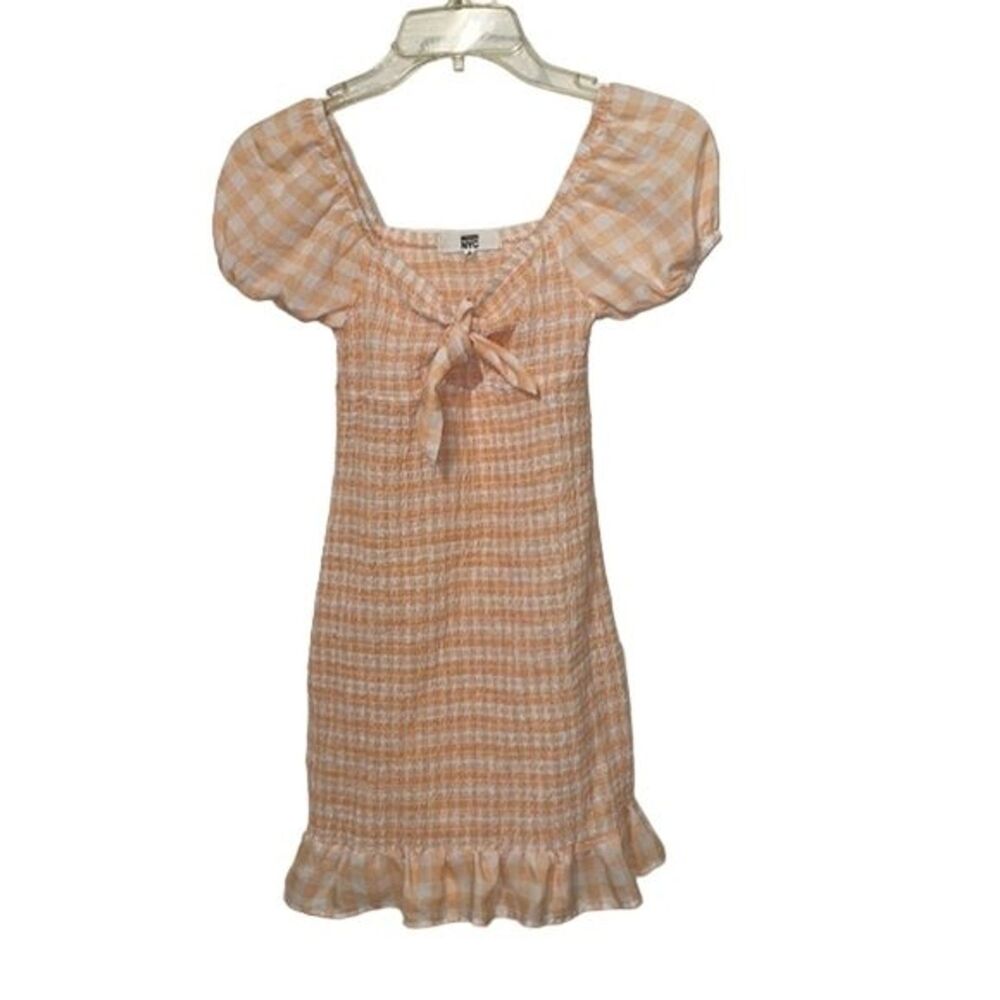 Madden NYC Peach Check Pullover Smocked  Dress Size Small